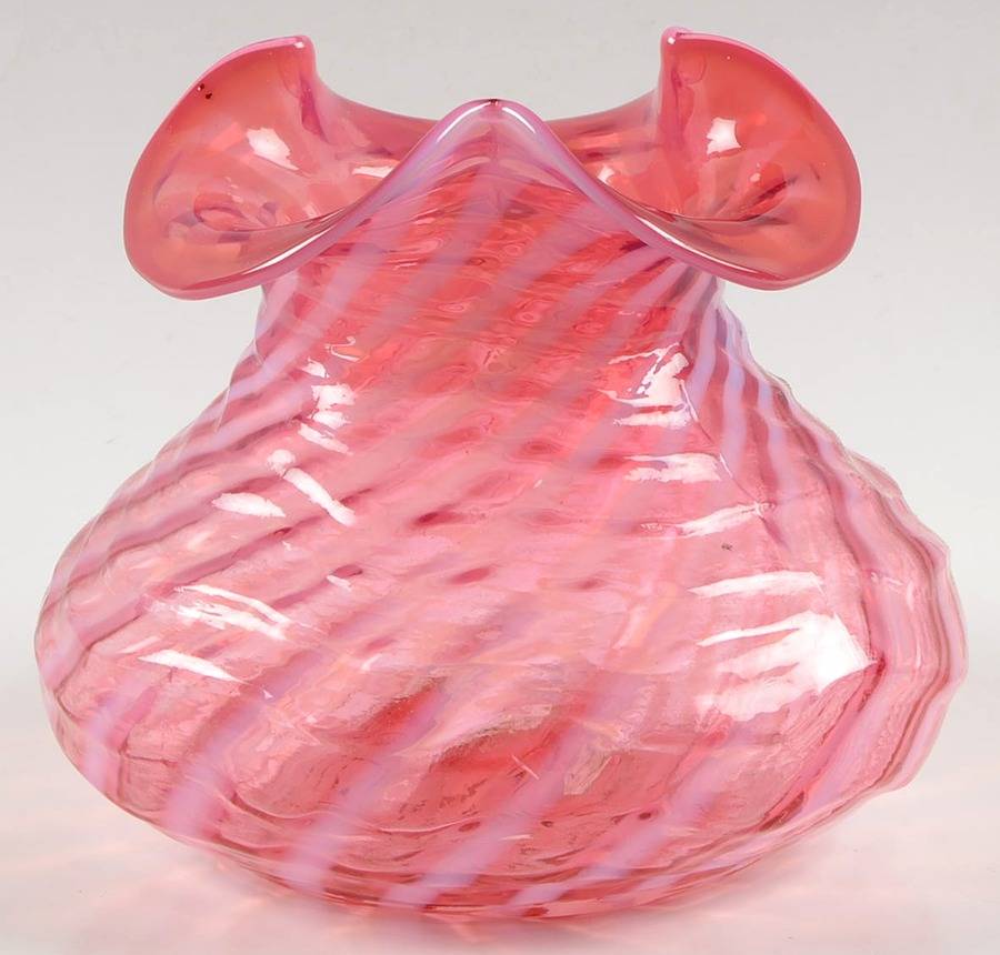 Spiral Optic Cranberry (Opalescent) 7" Crimped Vase by Fenton-1