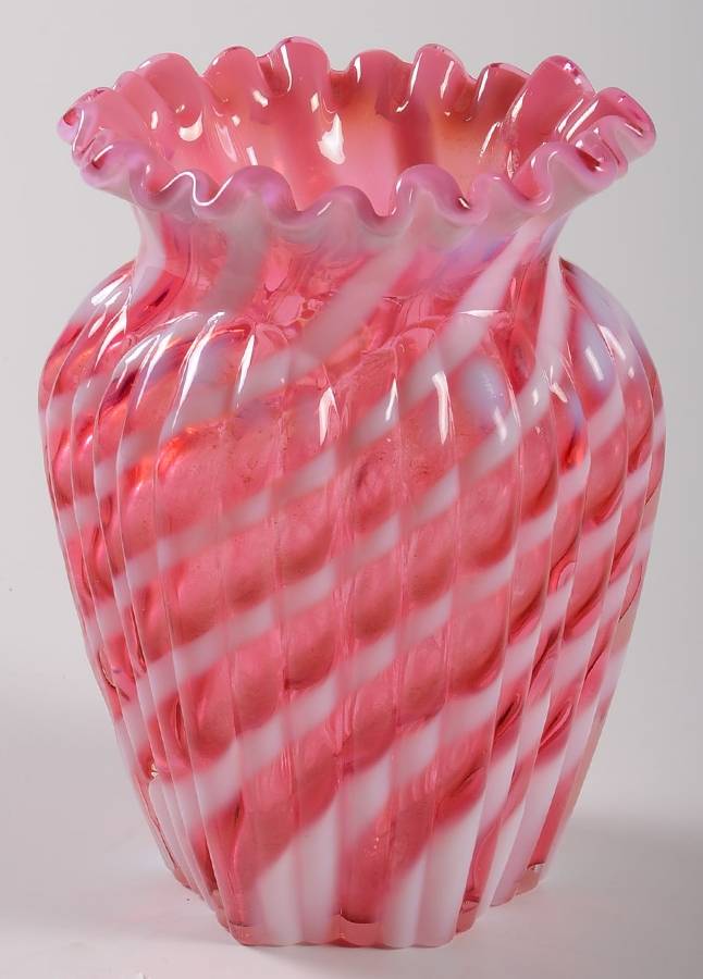 Spiral Optic Cranberry (Opalescent) 5" Flower Vase by Fenton-1