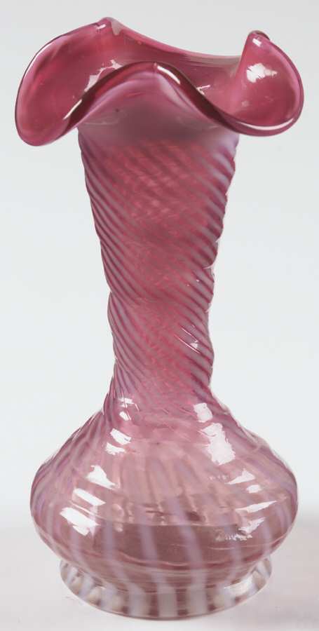 Spiral Optic Cranberry (Opalescent) 8" Crimped Vase by Fenton-1