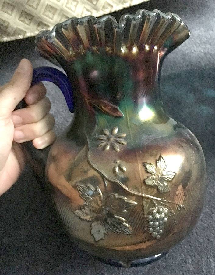 Floral & Grape Variant-Amethyst Carnival (Older) Pitcher by Fenton-1