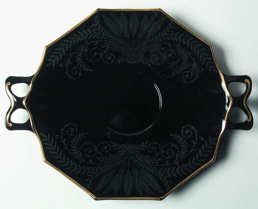 Fern Black (Gold Trim, Dec 501) Handled Cake Plate by Fostoria-1