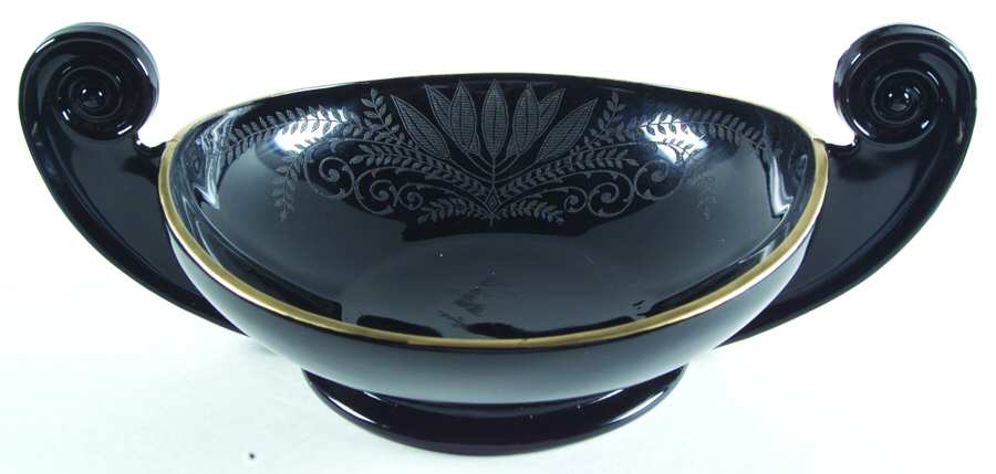 Fern Black (Gold Trim, Dec 501) 14" Oval Handled Bowl by Fostoria-1