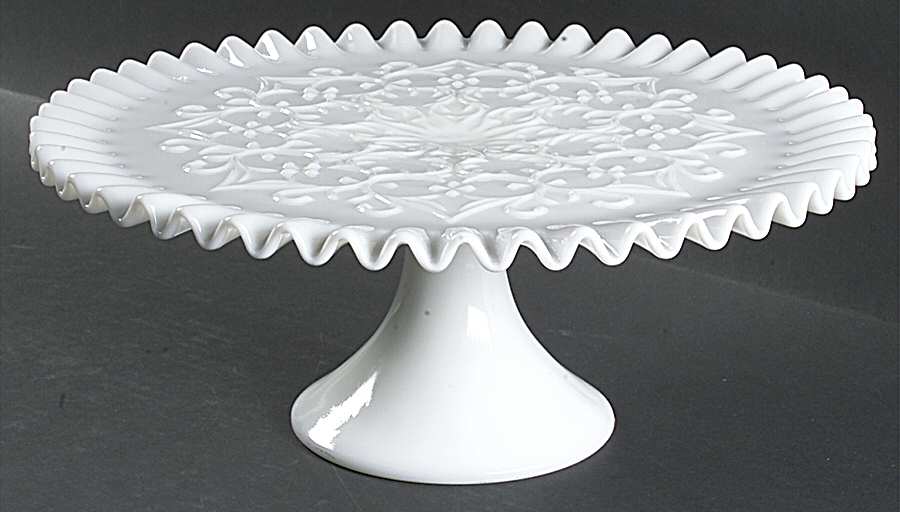 Spanish Lace Milk Glass (No Crest) Round Cake Stand by Fenton-1