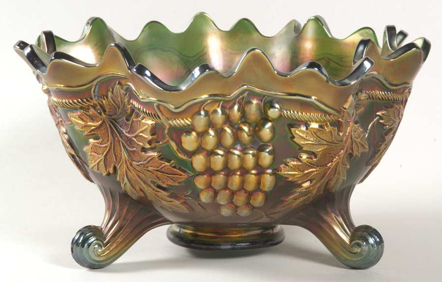 Grape and Cable Green 10" 3-Toed Footed Bowl by Fenton-1