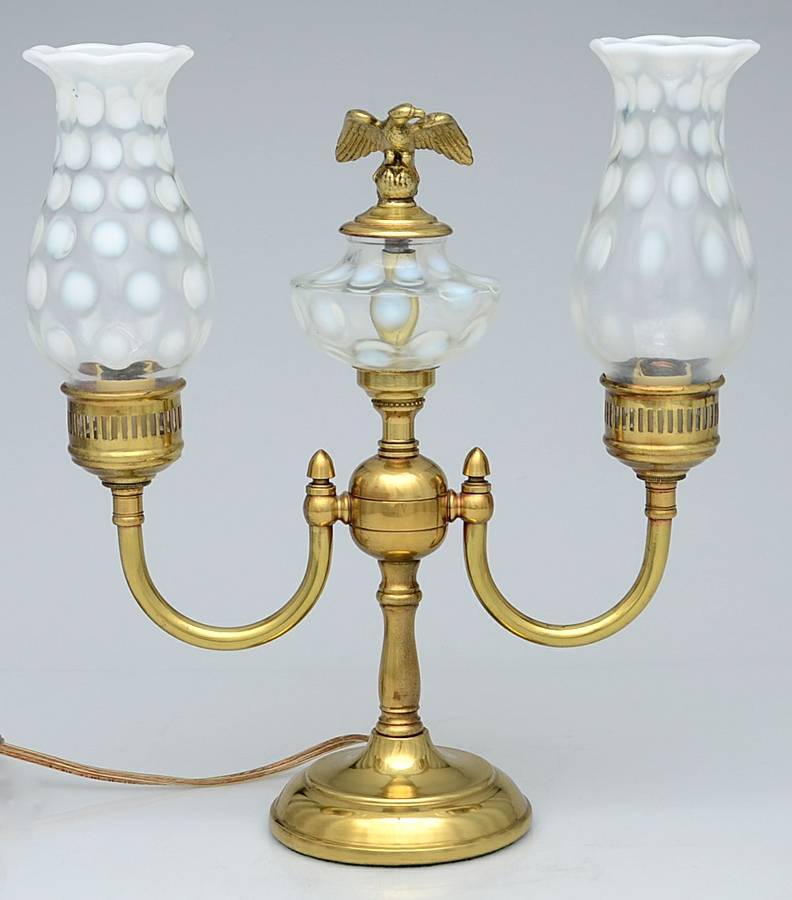 Dot Optic French Opalescent 2 Light Electric Student Lamp with Globes by Fenton-1