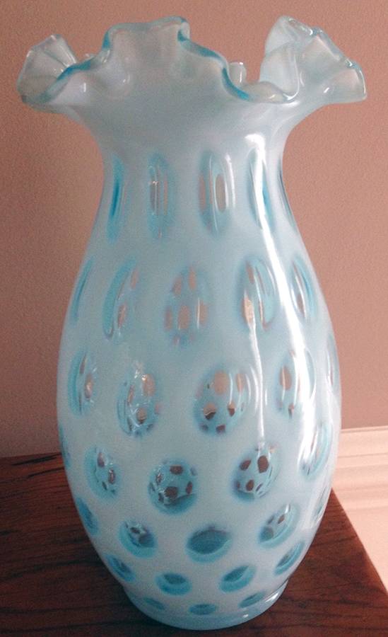 Coin Dot Blue (Opalescent) 10" Flower Vase by Fenton-1