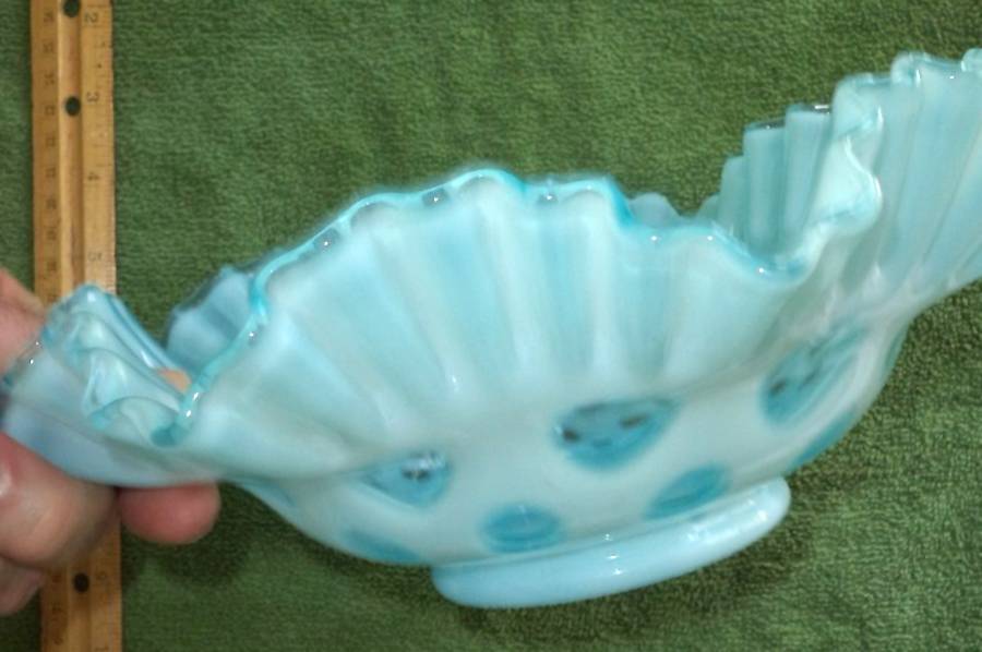 Coin Dot Blue (Opalescent) 10" Round Crimped Bowl by Fenton-1