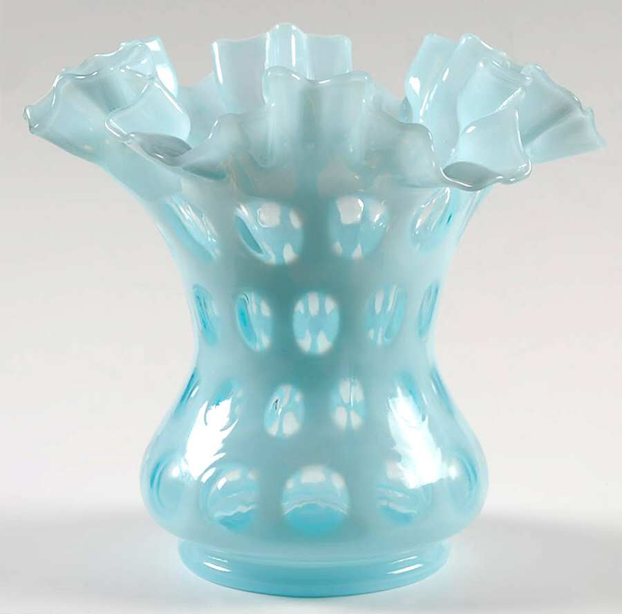 Coin Dot Blue (Opalescent) 6" Double Crimped Vase by Fenton-1