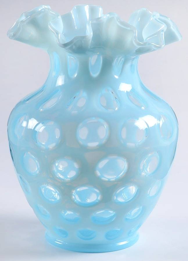 Coin Dot Blue (Opalescent) 9" Double Crimped Vase by Fenton-1