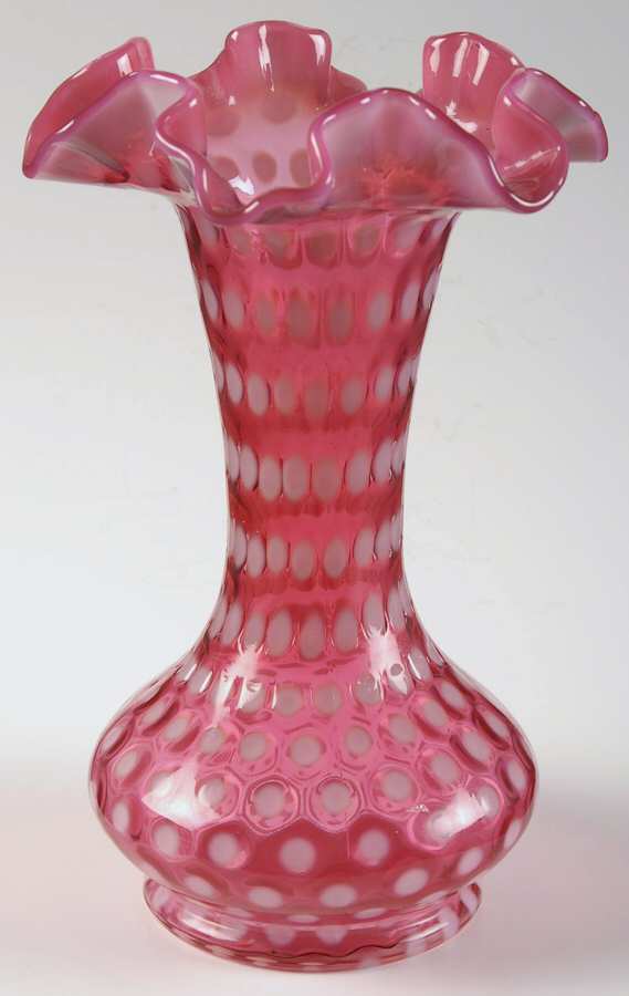 Polka Dot Cranberry (Opalescent) 8" Double Crimped Vase by Fenton-1