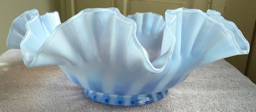 Rib Optic Blue (Opalescent) 10" Round Crimped Bowl by Fenton-1