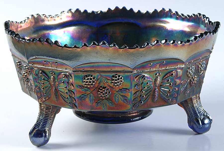 Butterfly and Berry Cobalt Blue 8" 3-Toed Footed Bowl by Fenton-1