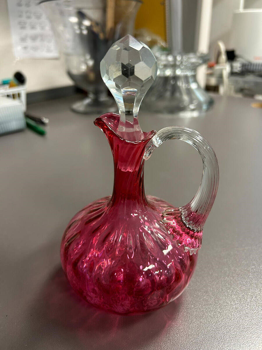Dot Optic Ruby Overlay (Cranberry) Cruet & Stopper by Fenton-1