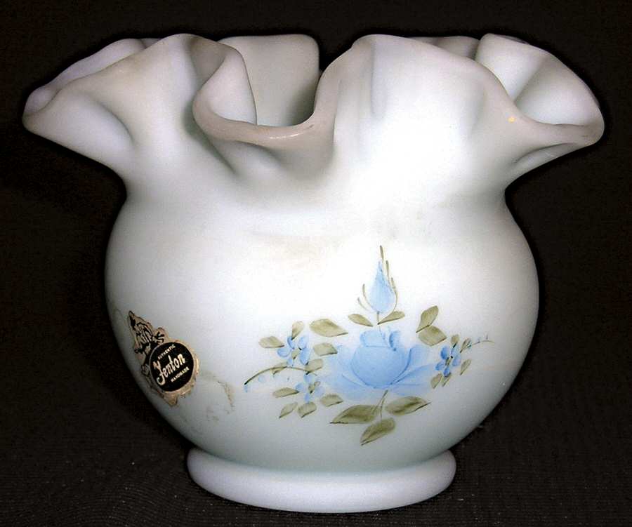 Blue Roses on Blue Satin 4" Double Crimped Vase by Fenton-1