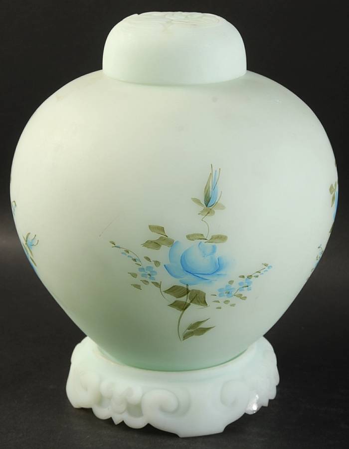 Blue Roses on Blue Satin Ginger Jar & Lid with Stand by Fenton-1