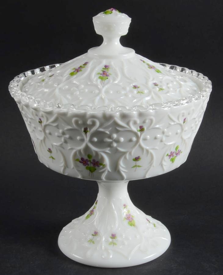 Violets in the Snow Spanish Lace Footed Candy Box & Lid by Fenton-1