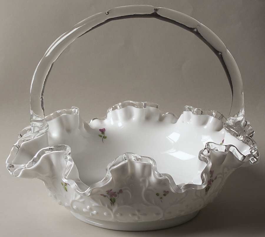 Violets in the Snow Spanish Lace #3538 Spanish Lace 8" Basket by Fenton-1