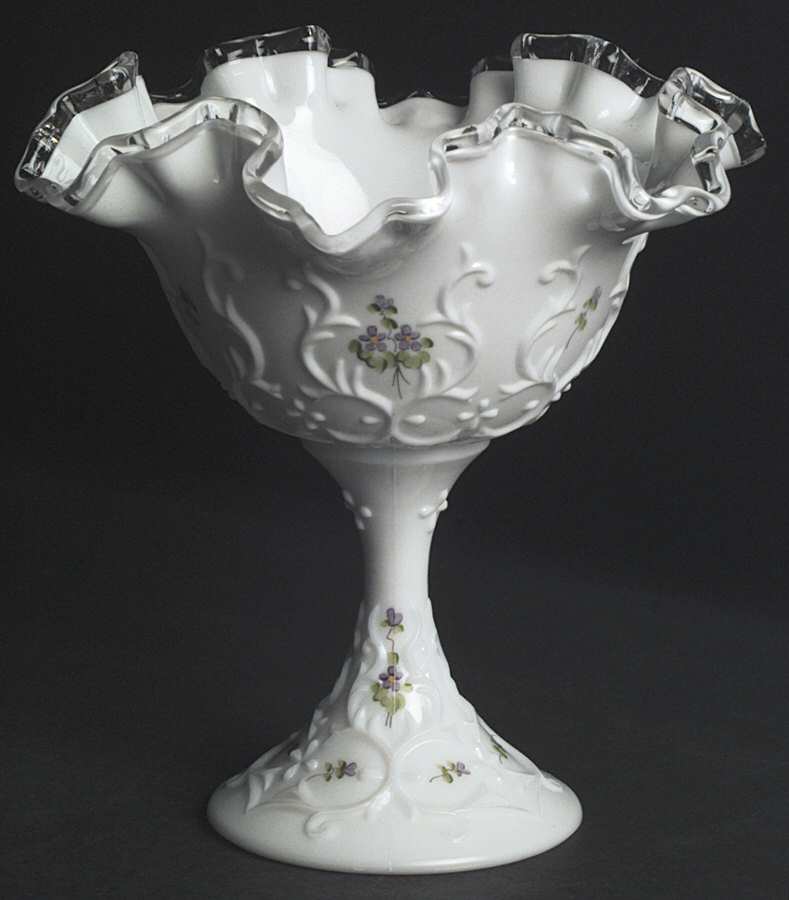 Violets in the Snow Spanish Lace Round Compote (Height X Width) by Fenton-1