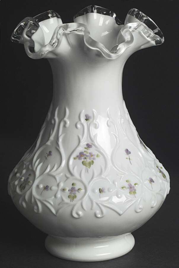 Violets in the Snow Spanish Lace 8" Crimped Vase by Fenton-1