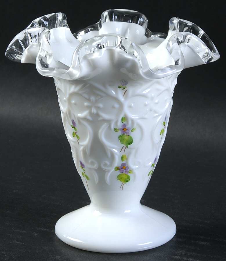 Violets in the Snow Spanish Lace 4" Crimped Vase by Fenton-1