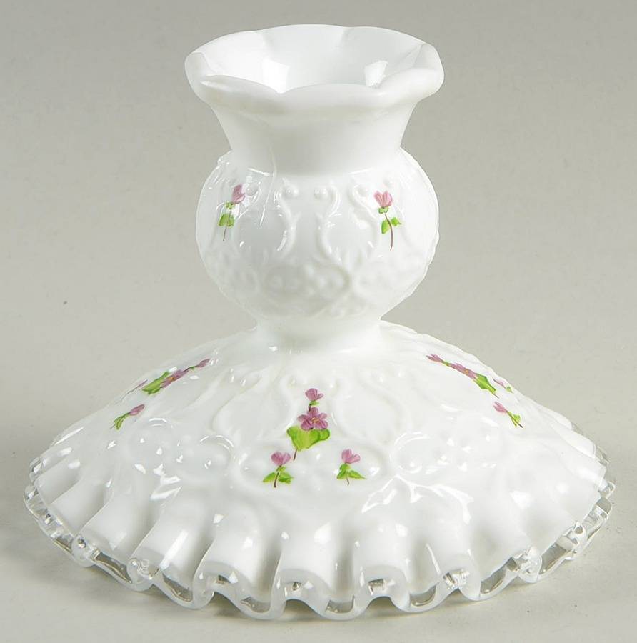 Violets in the Snow Spanish Lace Single Light Candlestick by Fenton-1