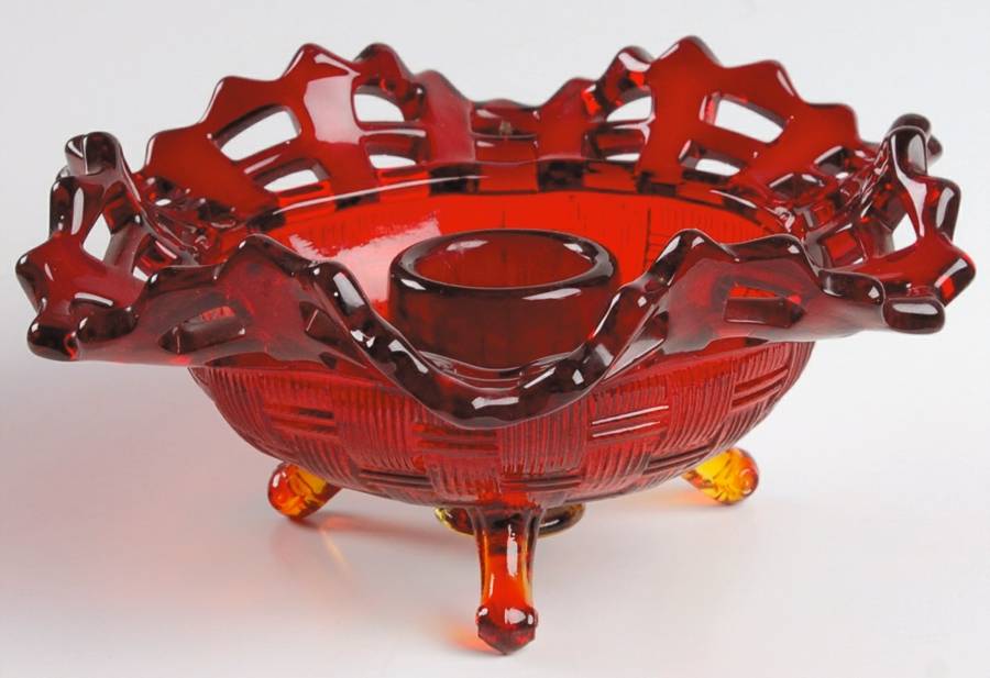Basketweave with Open Edge, Ruby Single Light Candlestick by Fenton-1