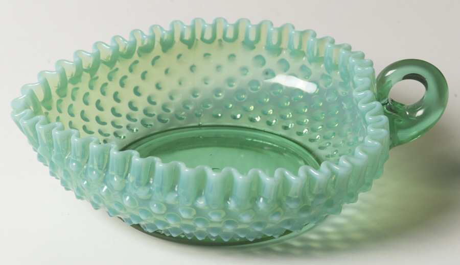 Hobnail Emerald Green (Opalescent) Heart Dish by Fenton-1