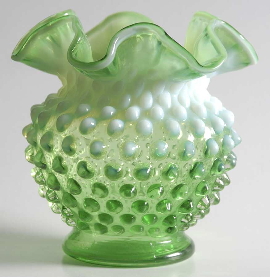 Hobnail Lime Green (Opalescent) 4 1/2" Miniature Double Crimp Vase by Fenton-1