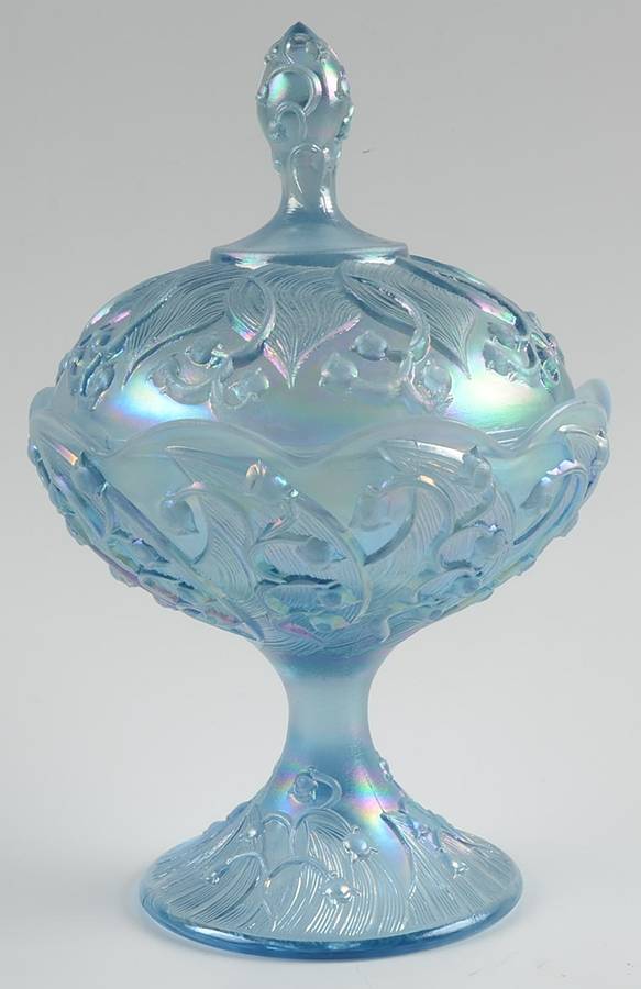 Lily of the Valley Misty Blue Satin (Iridescent) Footed Candy Dish & Lid by Fenton-1
