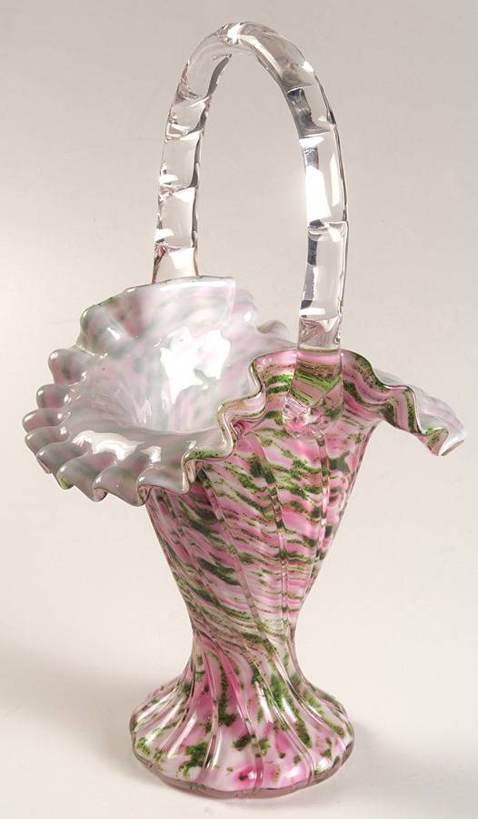 Vasa Murrhina Rose and Aventurine Green #6437 Vasa Murrhina 10" Basket by Fenton-1