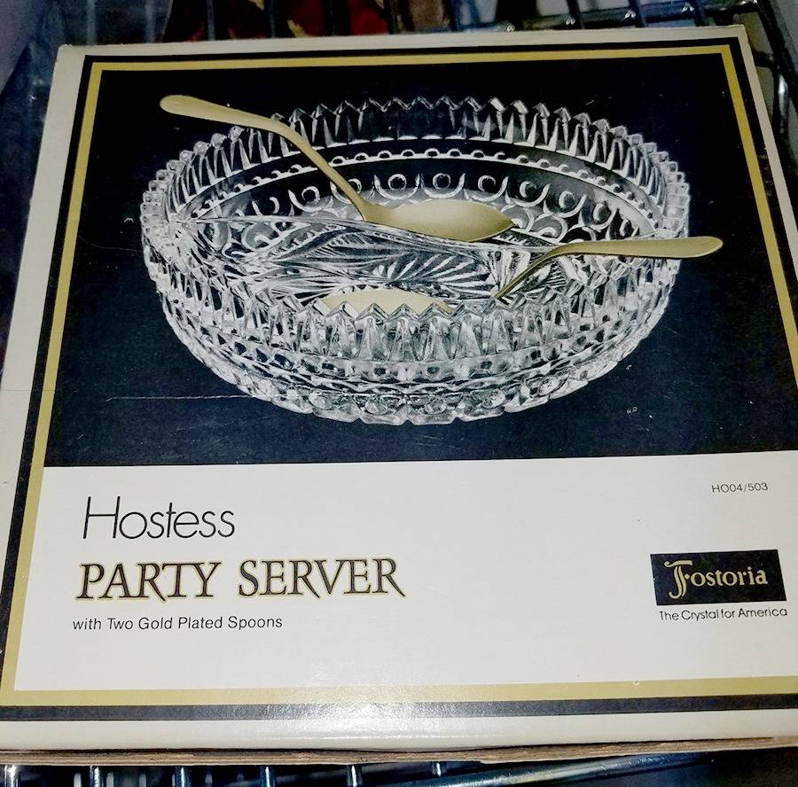 Virginia Clear (Lead Giftware) Party Server with 2 Metal Spoons by Fostoria-1