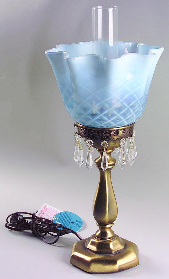 Blue Opalescent Electric Lamp with Globe and Shade by Fenton-1