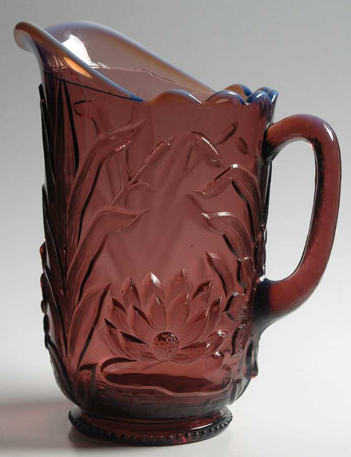 Waterlily and Cattails Amethyst (Opalescent) 56 Oz Pitcher by Fenton-1