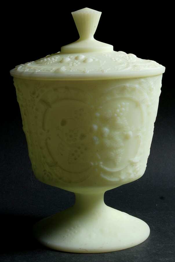 Custard Satin Footed Candy Box with Lid by Fenton-1