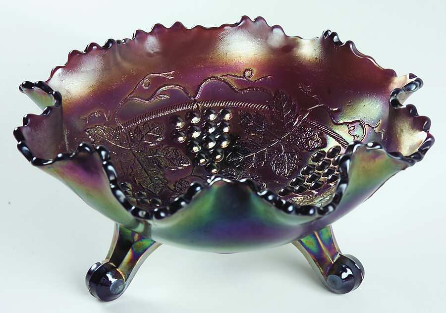 Grape and Cable Amethyst (Carnival, Older) 7" Round 3-Toed Crimped Bowl by Fenton-1