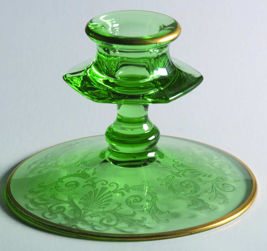 Versailles Green (Gold Trim, Stem 5098) 3" Single Light Candlestick by Fostoria-1