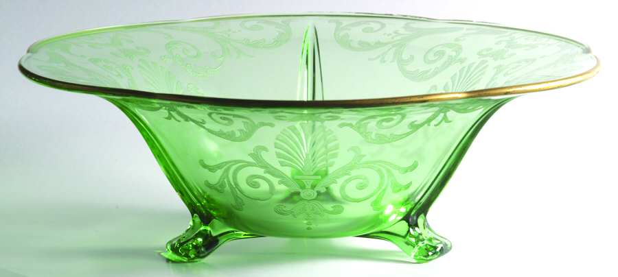 Versailles Green (Gold Trim, Stem 5098) 11" 3 Toed Centerpiece by Fostoria-1