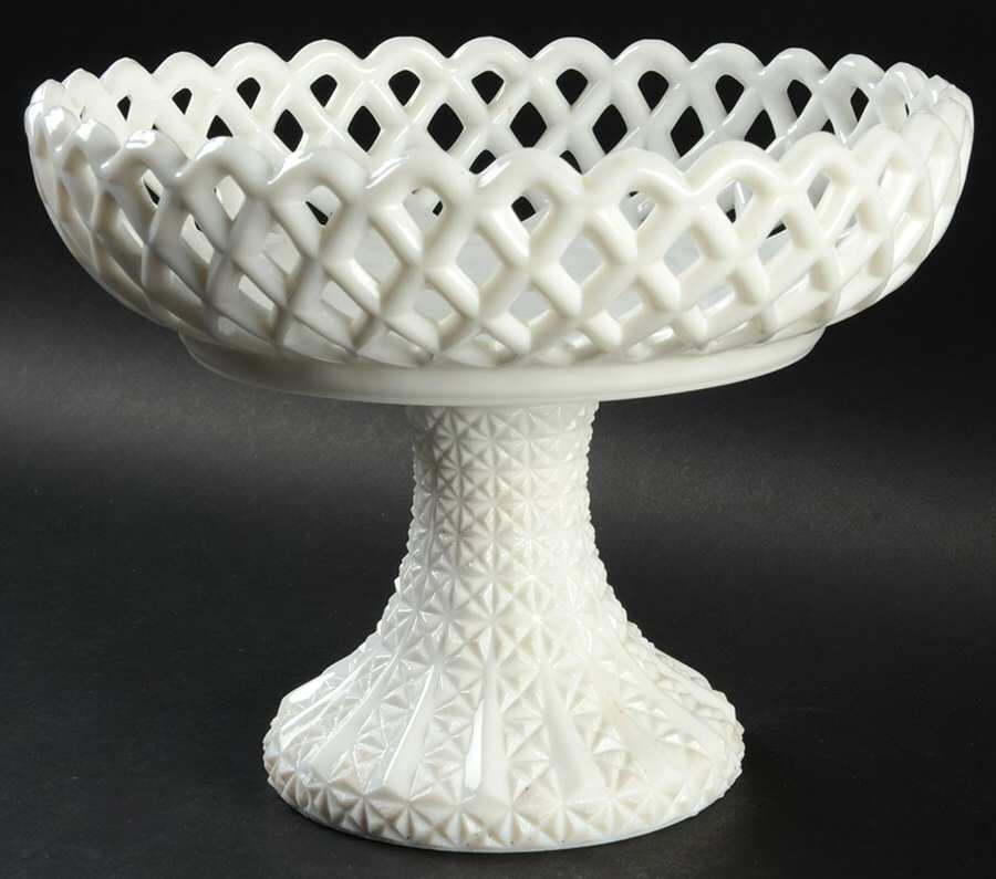 Lacy Edge Milk Glass Round Compote (Height X Width) by Fenton-1