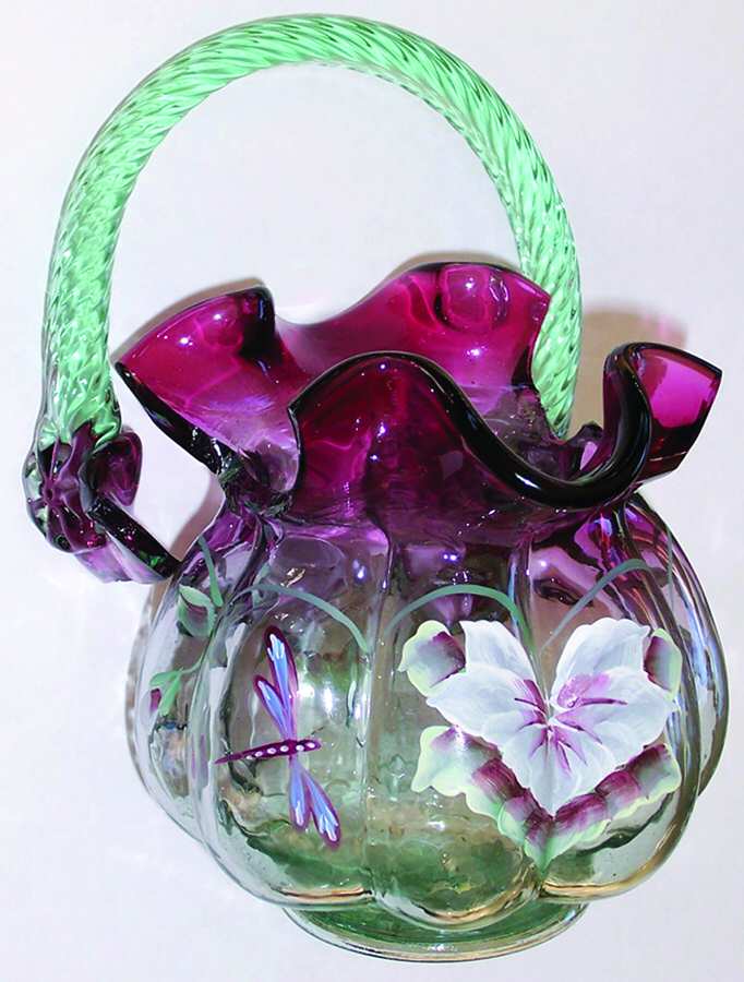 Dragonfly & Flower on Rubina Verde #7139 Melon 7" Basket by Fenton-1