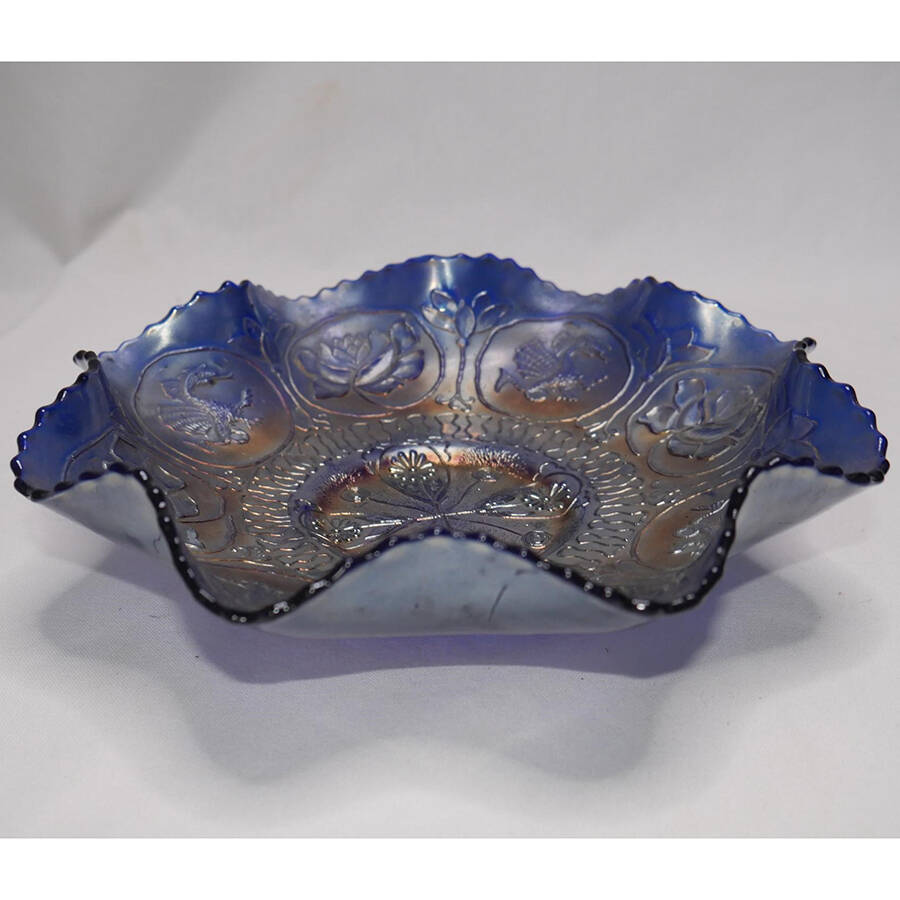 Dragon and Lotus Blue (Carnival) 8" Round Crimped Bowl by Fenton-1