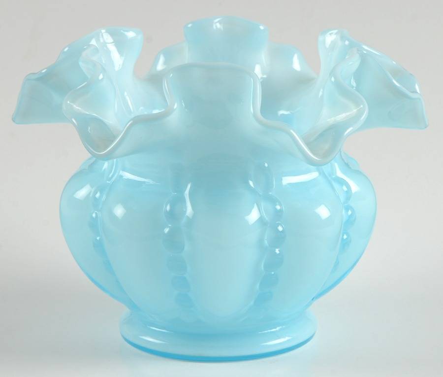 Blue Overlay on White 4" Double Crimped Vase by Fenton-1