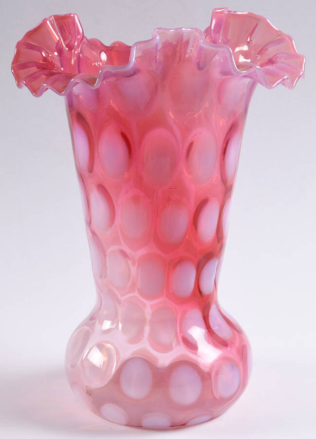 Dot Optic Cranberry (Opalescent) 10" Crimped Vase by Fenton-1