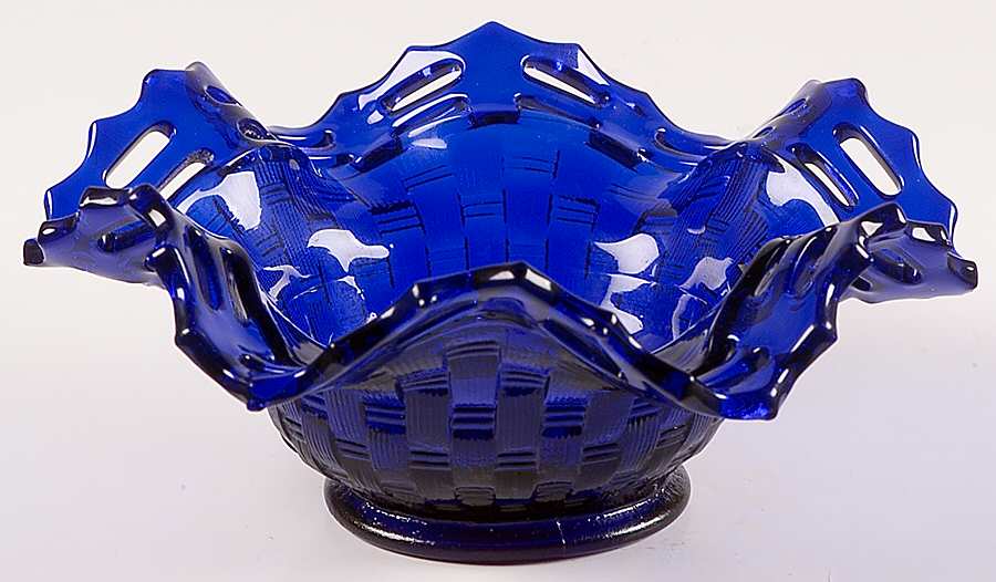 Basketweave W Open Edge Cobalt (Line 1092) 6" Round Crimped Bowl by Fenton-1