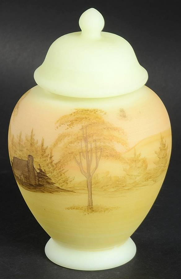 Log Cabin on Custard Satin Small Temple Jar & Lid by Fenton-1