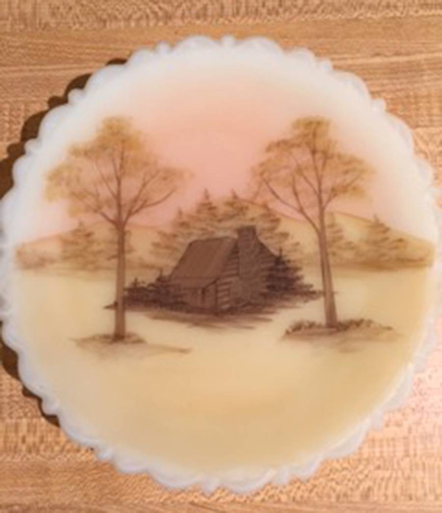 Log Cabin on Custard Satin 8" Decorative Plate by Fenton-1