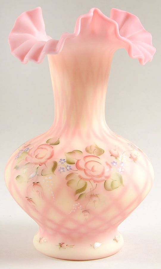 Burmese Satin Rose (Diamond Optic) 10" Double Crimped Vase by Fenton-1