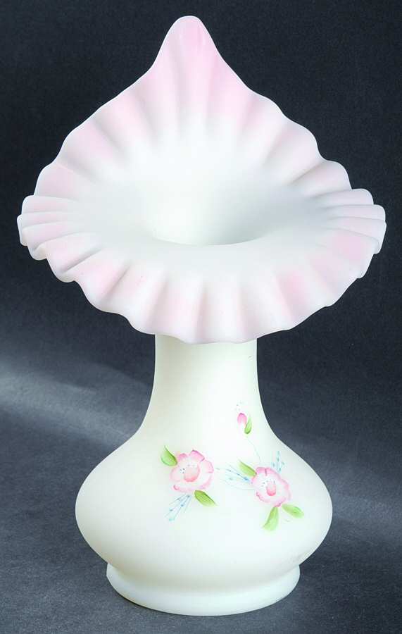 Meadow Blossoms on Opal Satin 8" Crimped Tulip Vase by Fenton-1