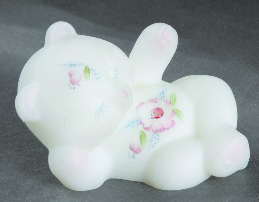 Meadow Blossoms on Opal Satin Bear Figurine by Fenton-1