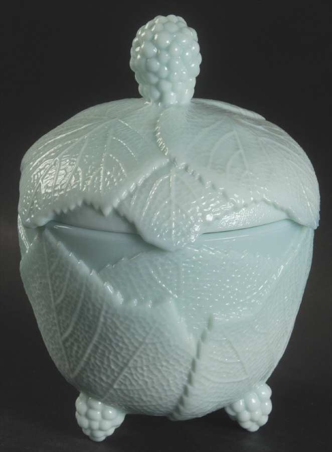 Grape Leaf Aqua Milkglass Candy Dish & Lid by Fostoria-1