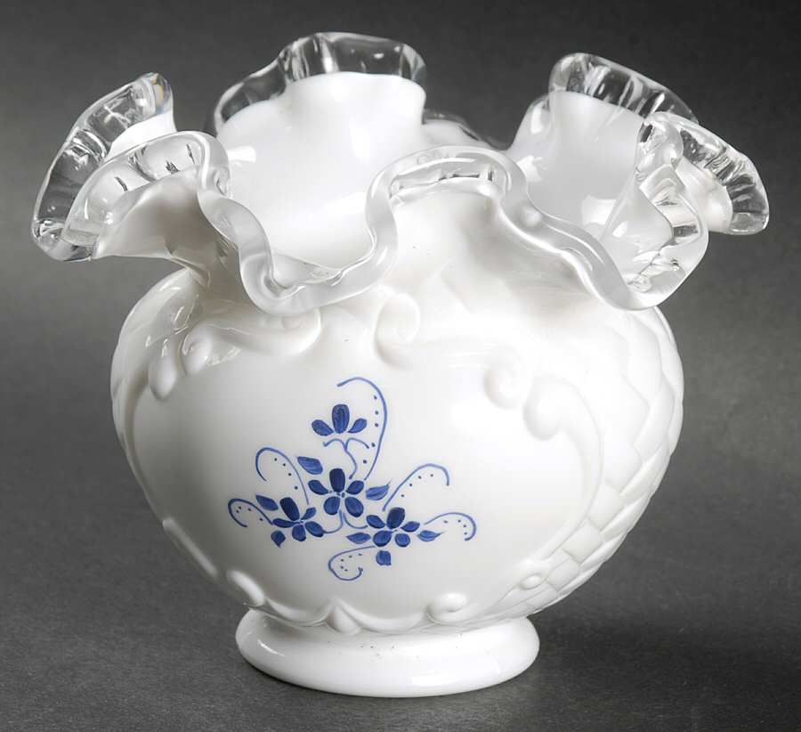 Elizabeth Silver Crest (Blue Floral) 4" Basketwave Double Crimped Vase by Fenton-1